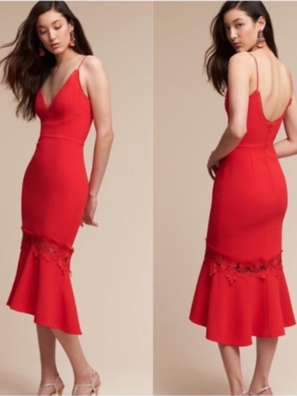Bisou Bisou Michele Bohbot Red Lace Trim Tier Midi Mermaid Dress